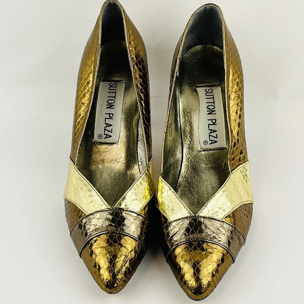 Womens‎ 6.5M Sutton Plaza Pumps Metallic Bronze Gold Copper Faux Snakeskin Heels